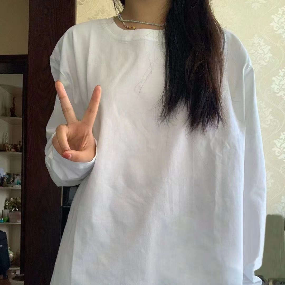 白色长袖T恤女春秋冬新款学生韩版宽松纯色打底衫上衣